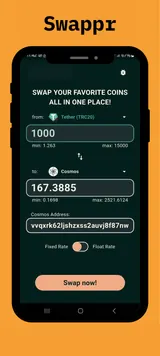 Swappr app swap screen: USDT (TRC20) to Cosmos with estimated amount, limits and Swap now button